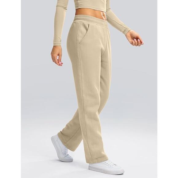 New Khaki XL Straight Leg Fleece Lined Sweatpants with Pockets and Drawstring - Picture 2 of 5